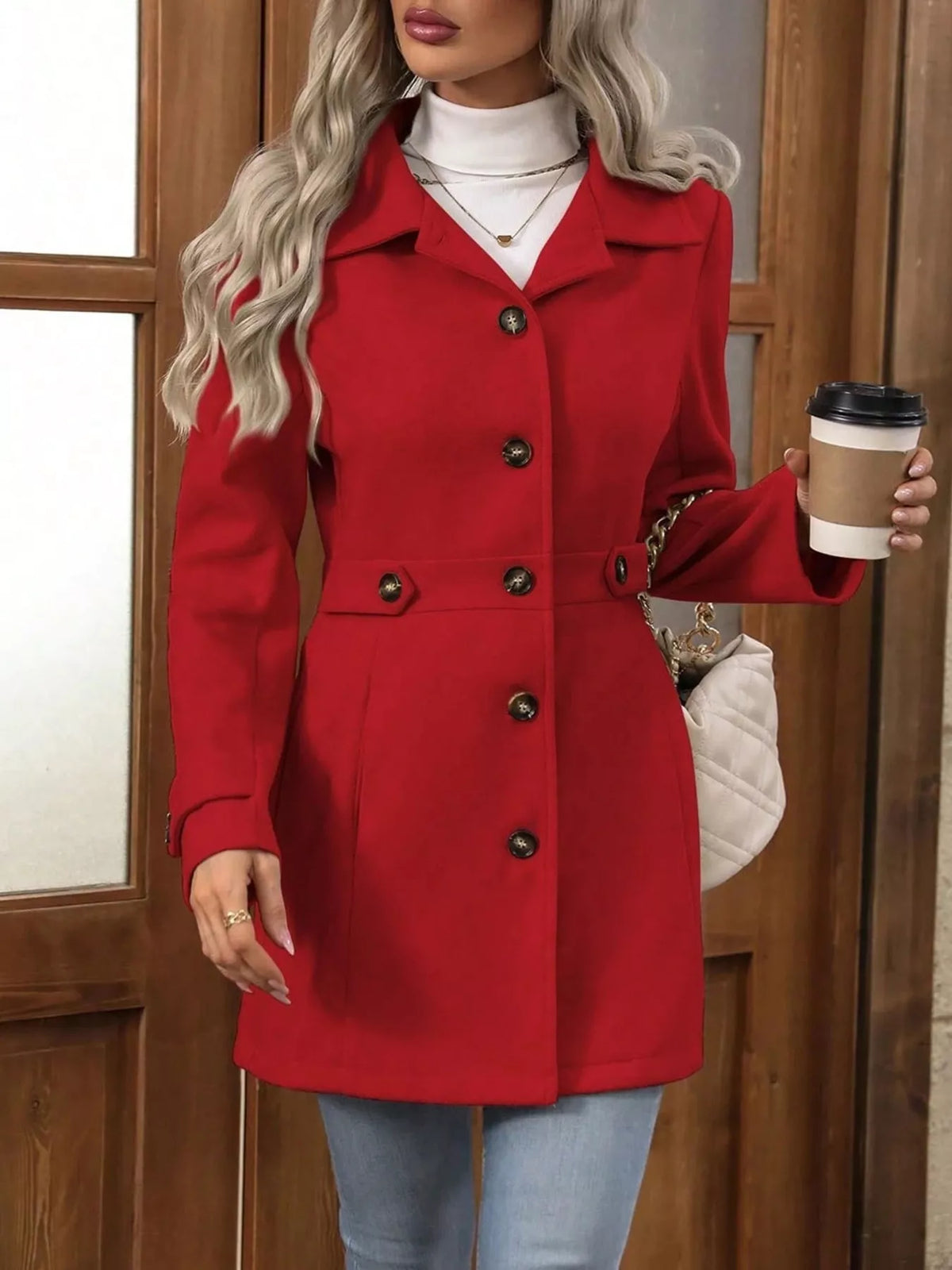 Red single-breasted coat, buttoned front view with cup