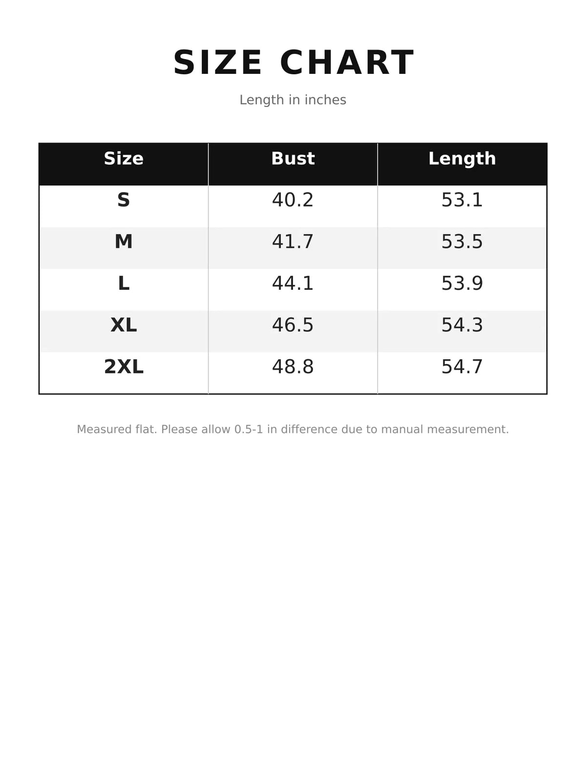Size chart for tiered maxi dress