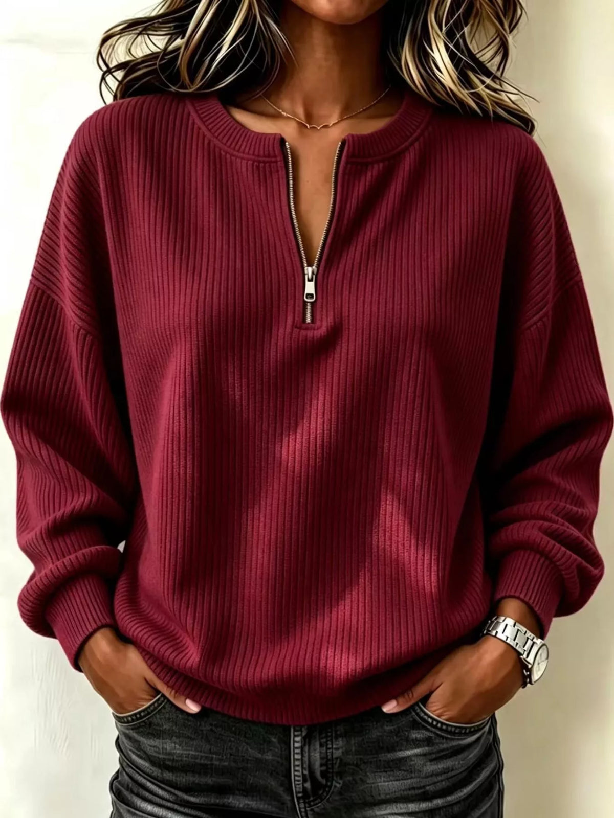 Women's Quarter-Zip Dropped Shoulder Sweatshirt in burgundy — front view