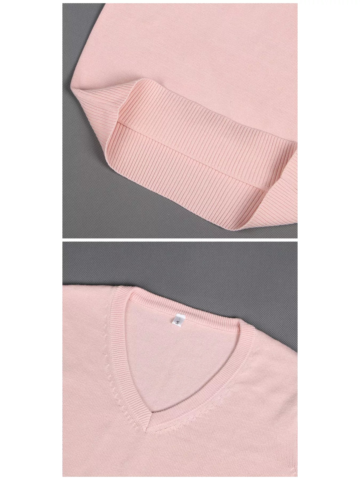 Women's V-Neck Long Sleeve Sweater in pink — detail collage view