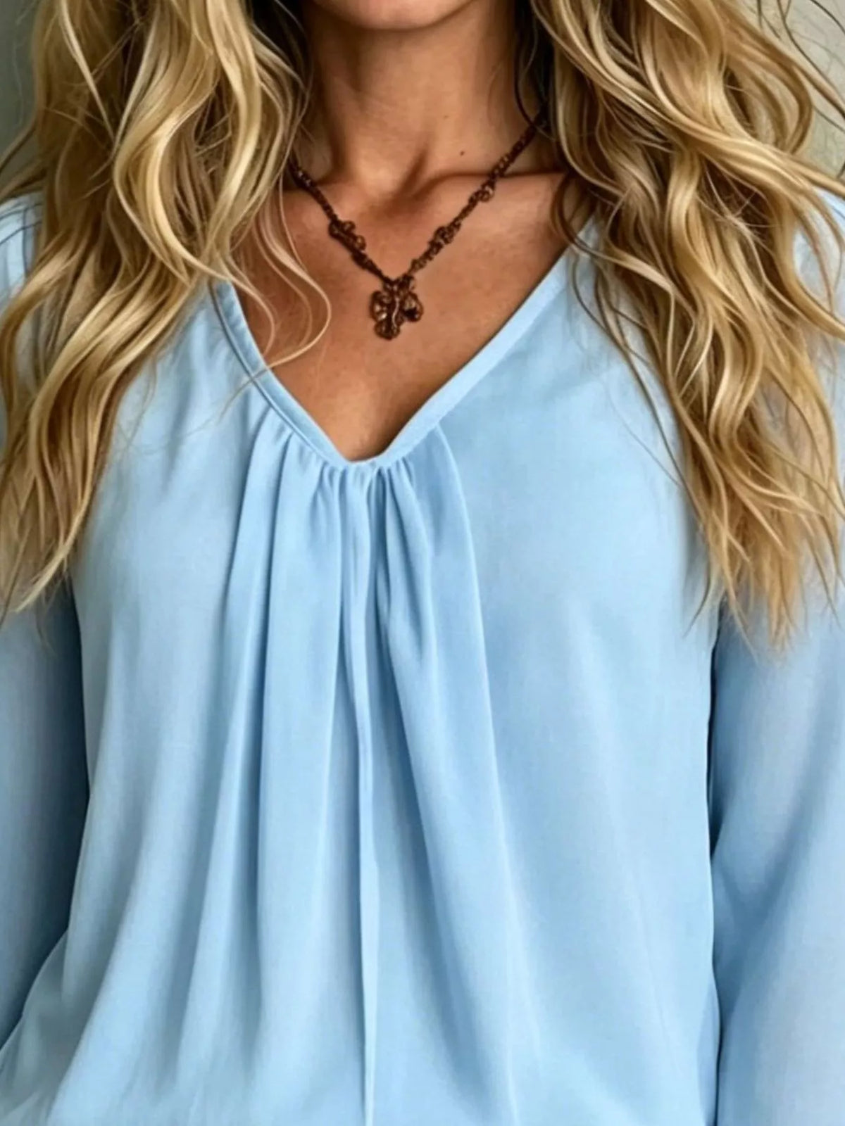 Light Blue V-Neck Flounce Sleeve Blouse detail view