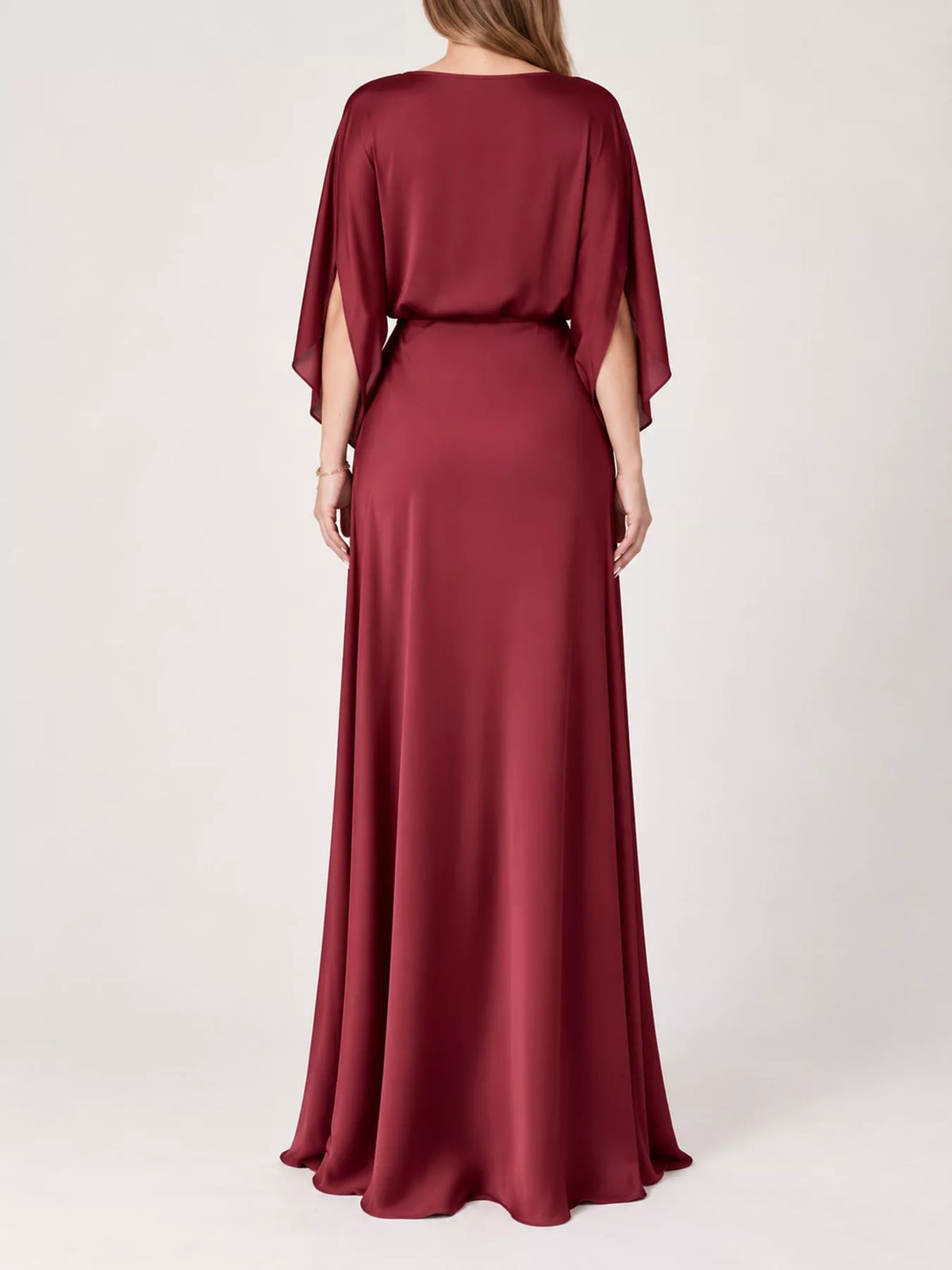 Burgundy satin cape sleeve maxi dress, back view