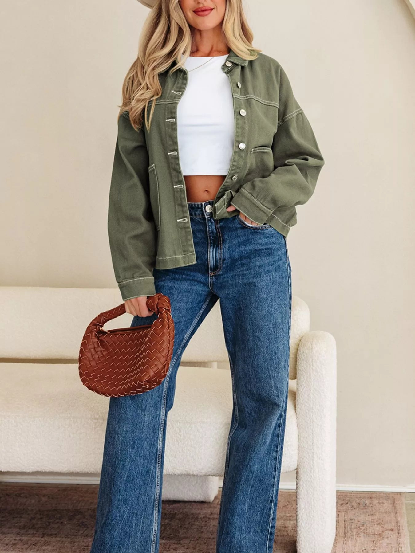 Trendsi Patched Pocket Collared Button Front Boyfriend Denim Jacket -
