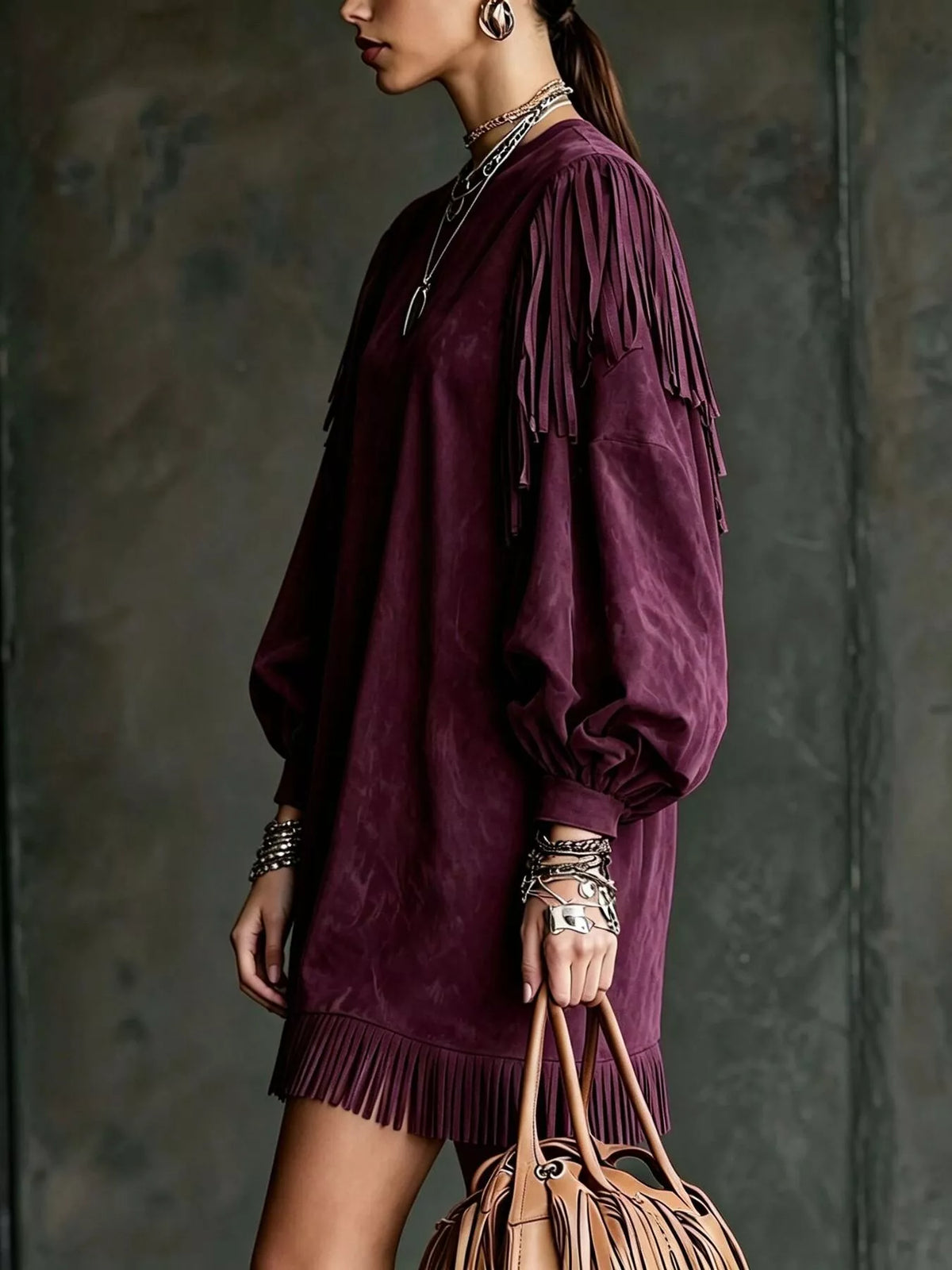 Round neck long sleeve mini dress, side view