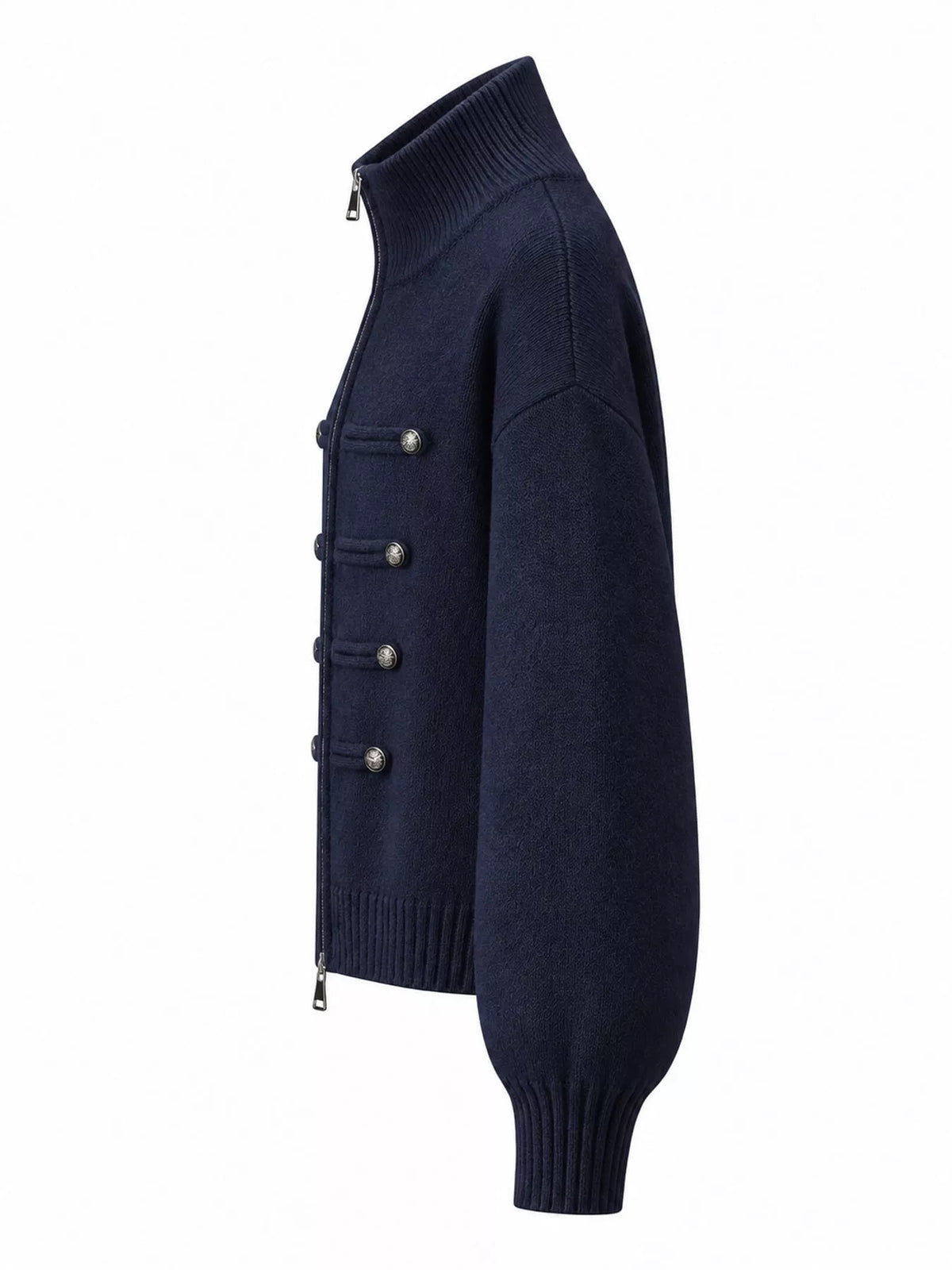 Navy turtleneck zip-up cardigan