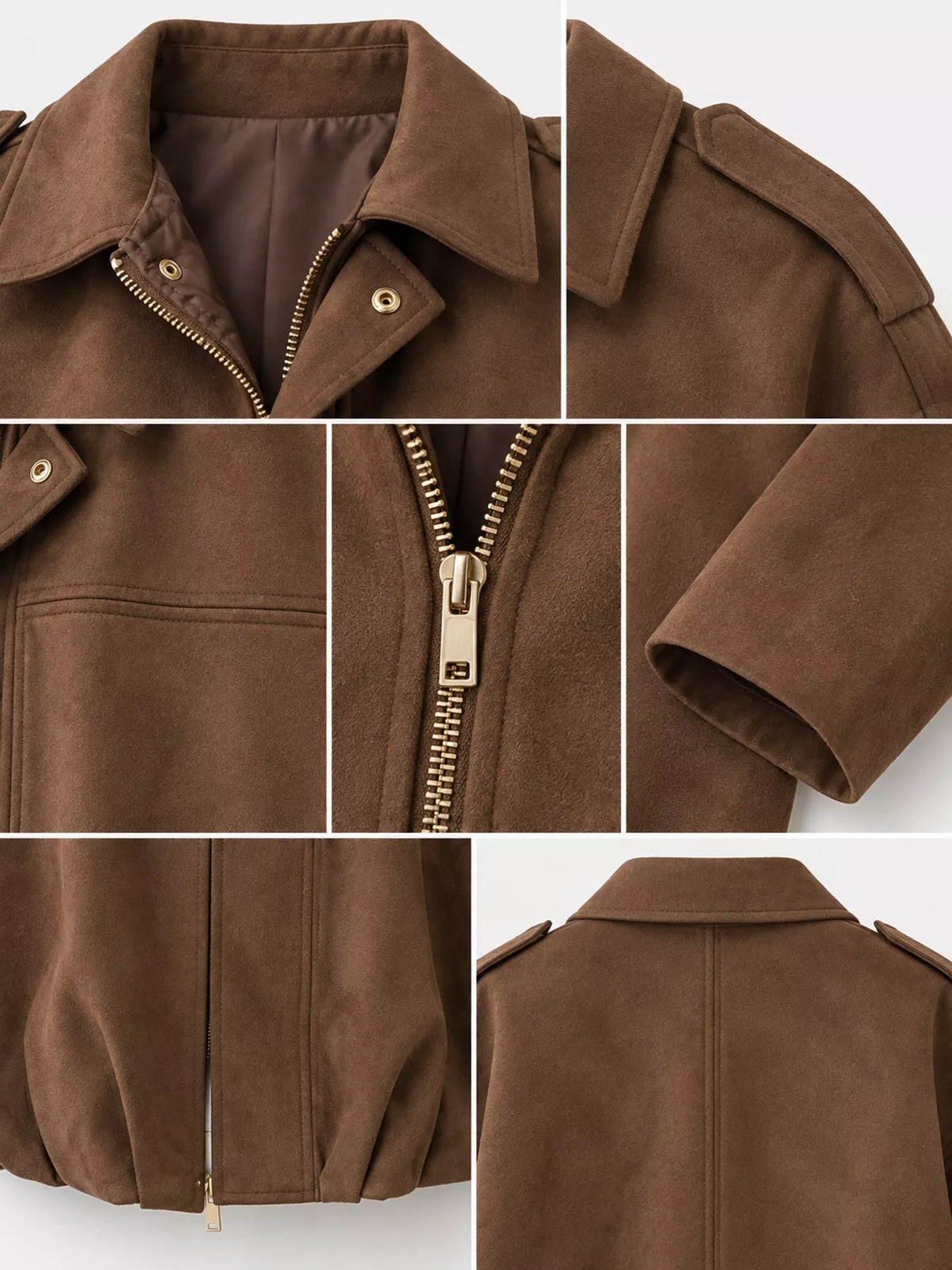Cropped zip jacket, brown collar zipper cuff and back details