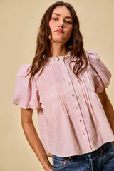 Trendsi SO ME Gingham Lace Trim Button Bubble Sleeves Blouse -