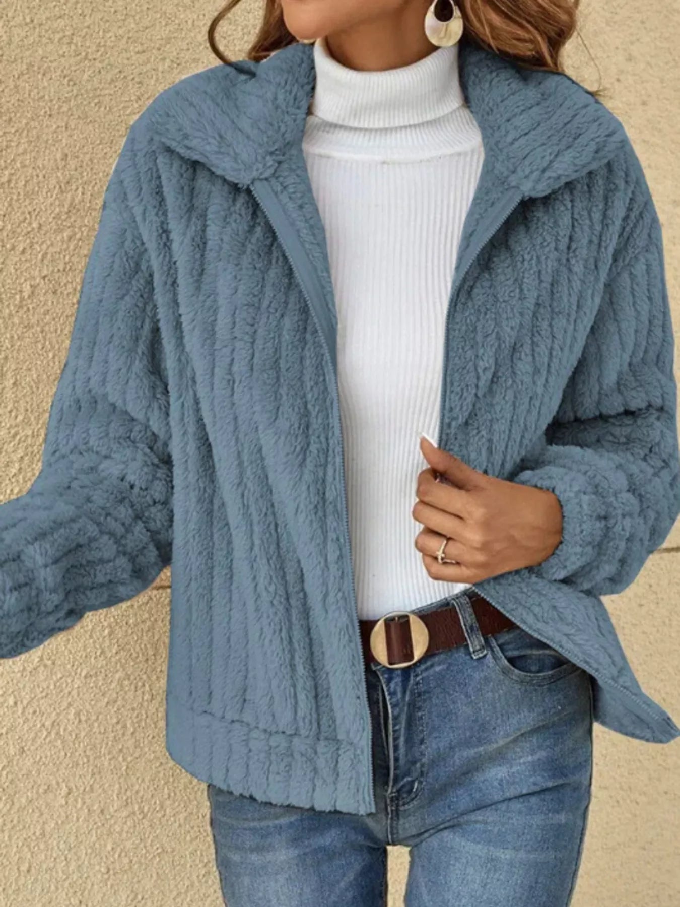 Trendsi Full Size Faux Fur Zip-Up Outerwear Plus Size -