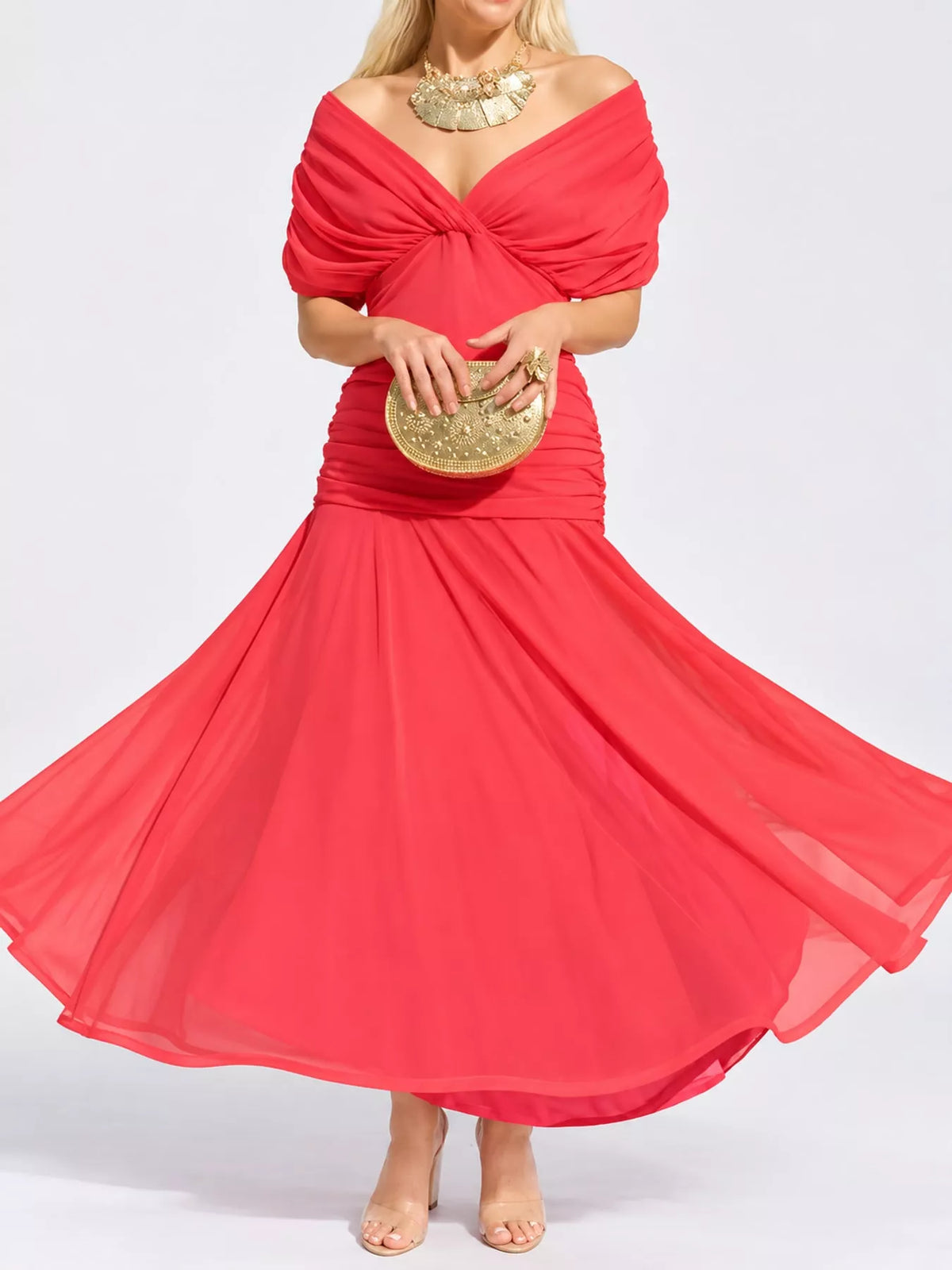 Red off shoulder ruched tulle evening dress, front view