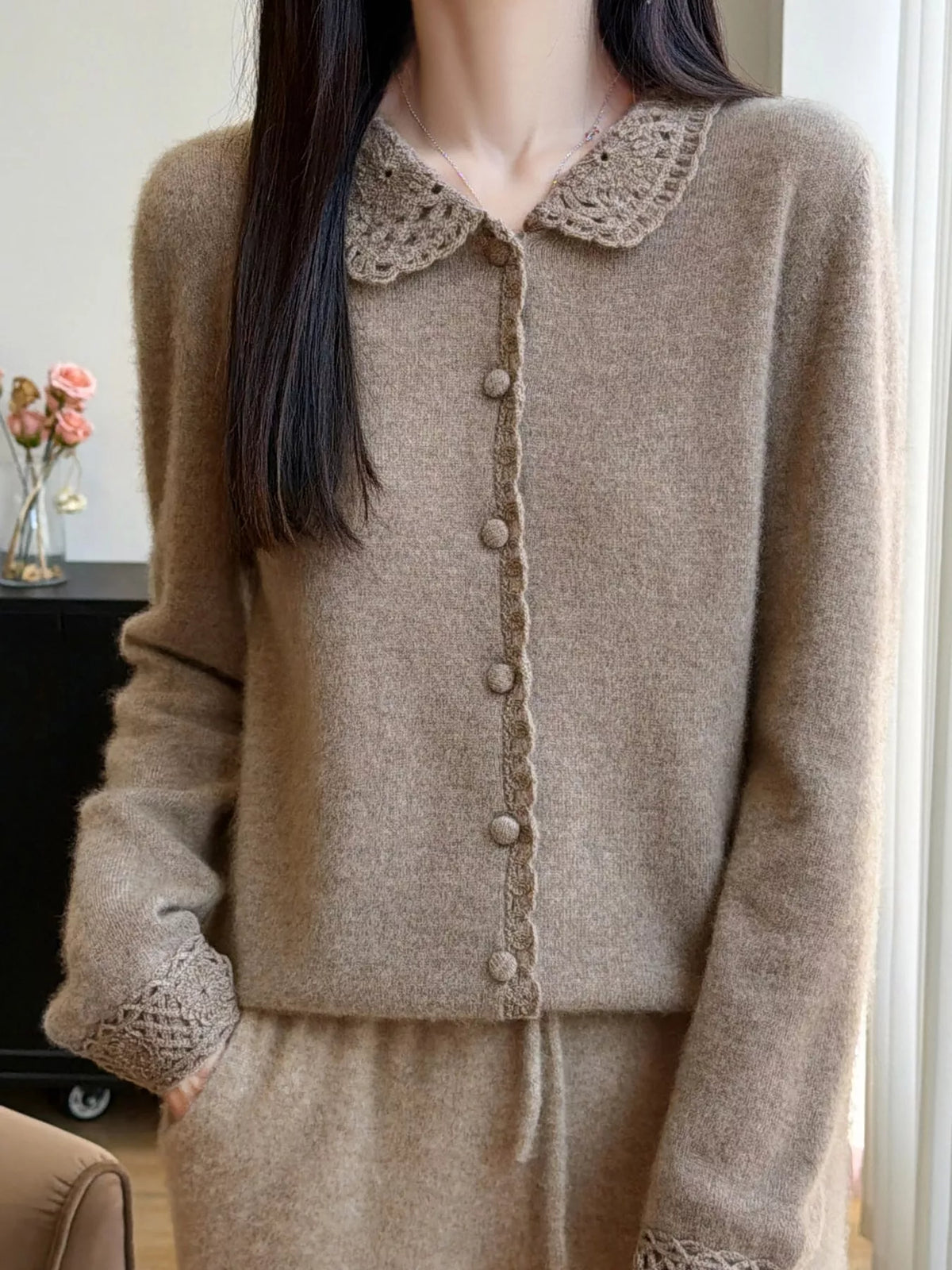 Lace-collar cardigan, taupe front