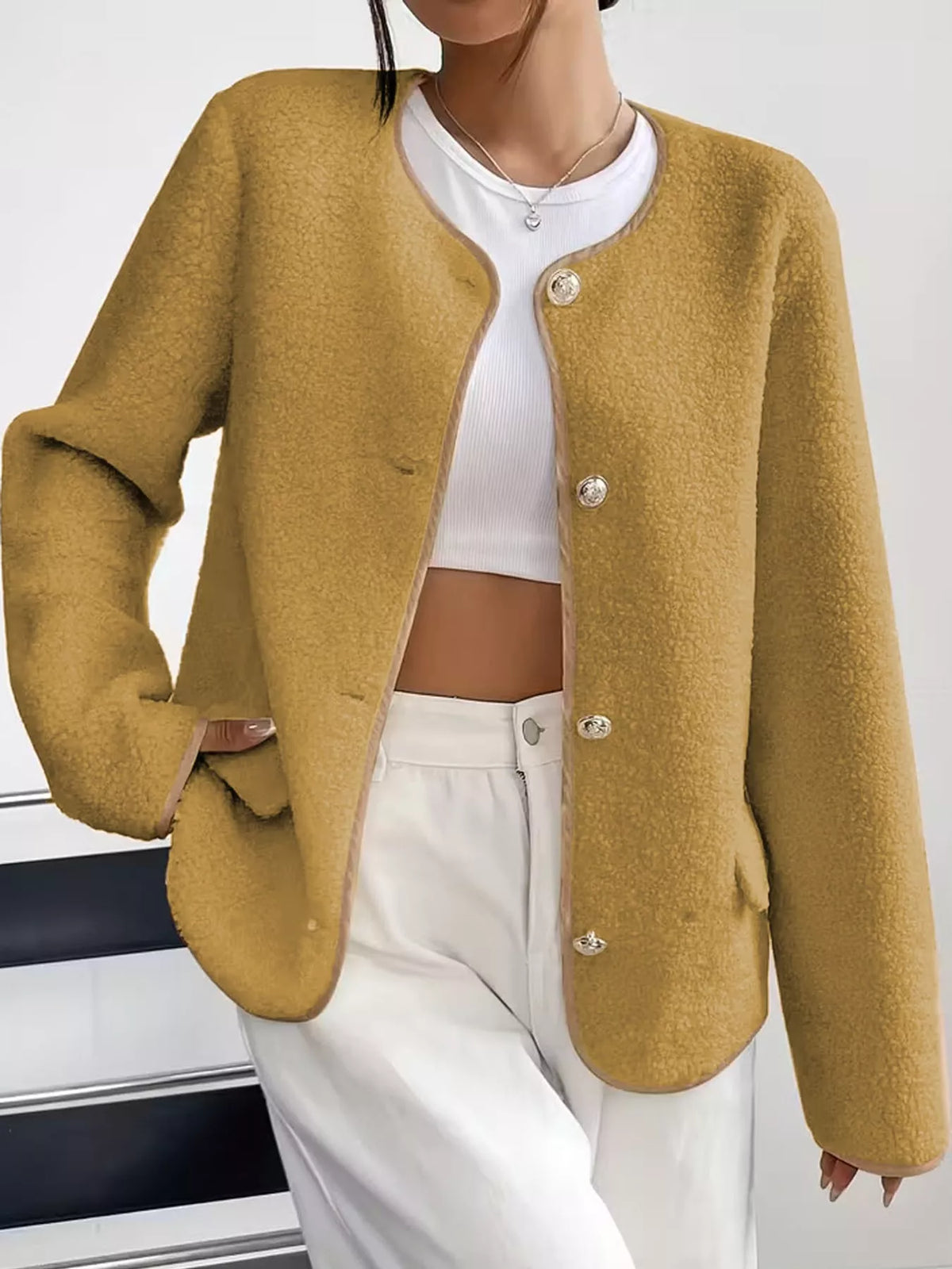 Mustard textured button-front jacket — front view