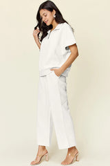 Trendsi Double Take Full Size Texture Half Zip Short Sleeve Top and Pants Set -
