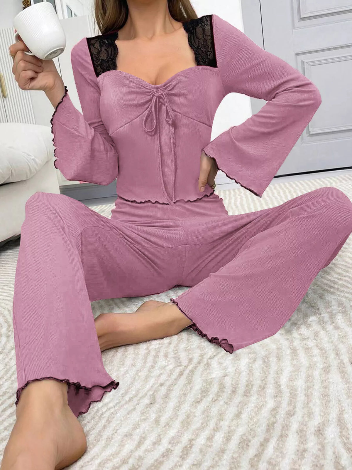 Pink Lace-Trim Flare-Sleeve Top & Pants Lounge Set seated front view