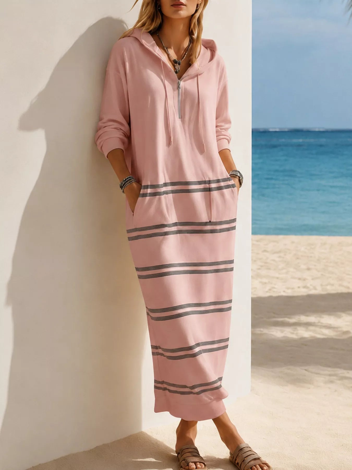 Trendsi Casual Striped Drawstring Hooded Dress -