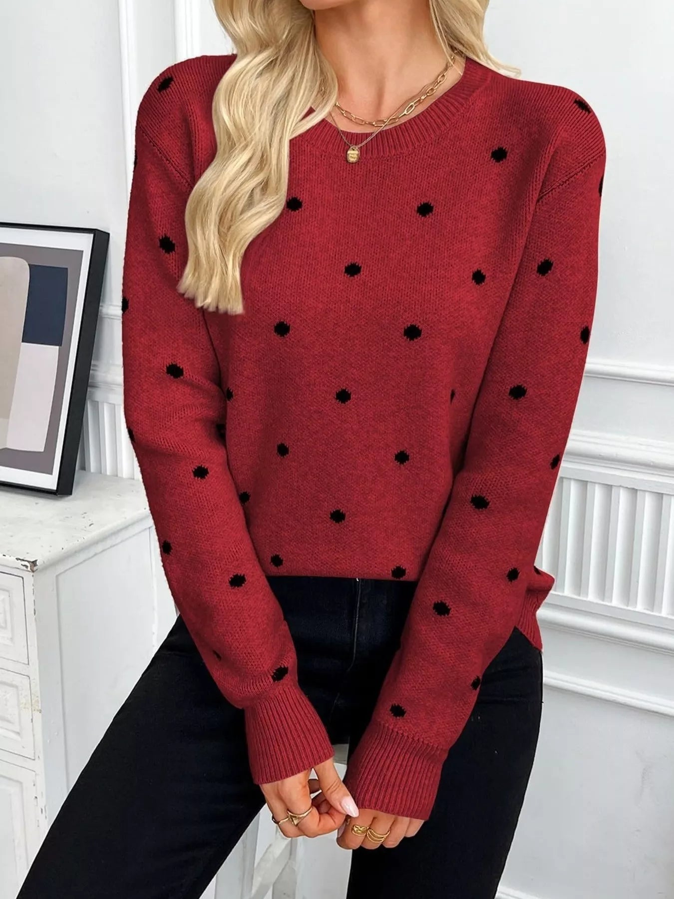 Trendsi Polka Dot Crew Neck Sweater -