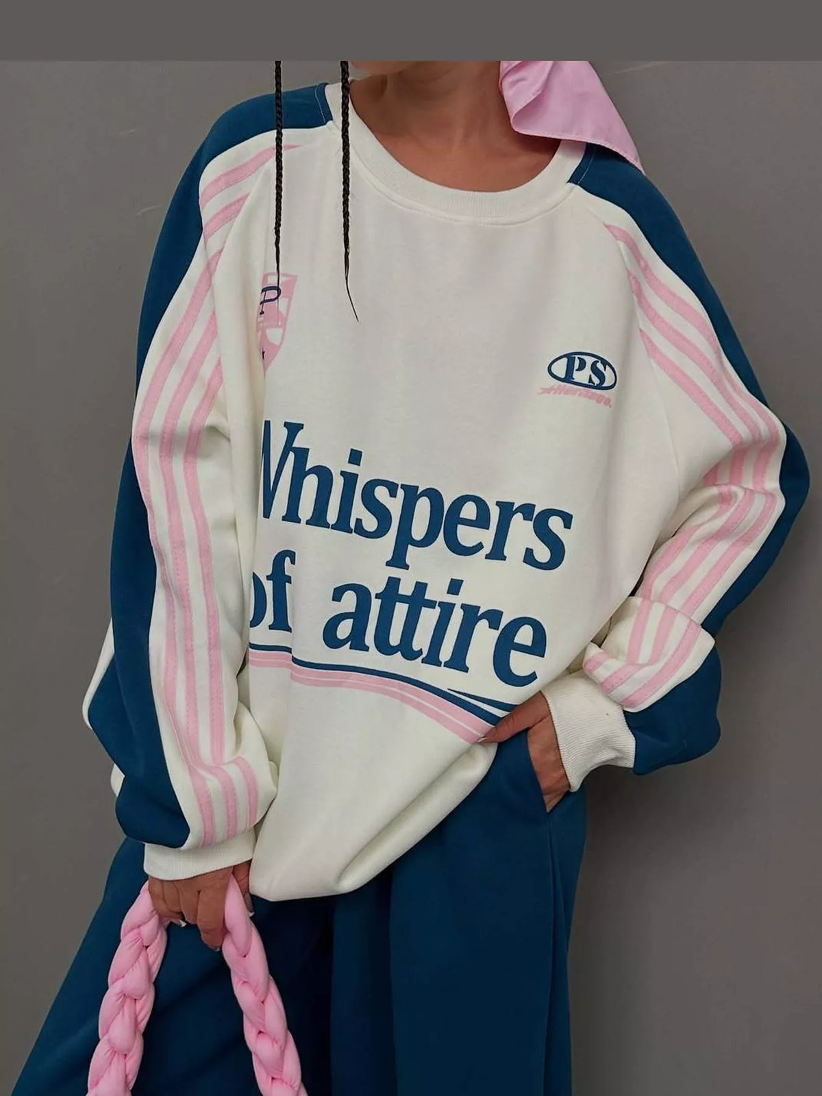 Cream top and navy pants color-block sweatshirt and wide-leg pants set — design and construction details