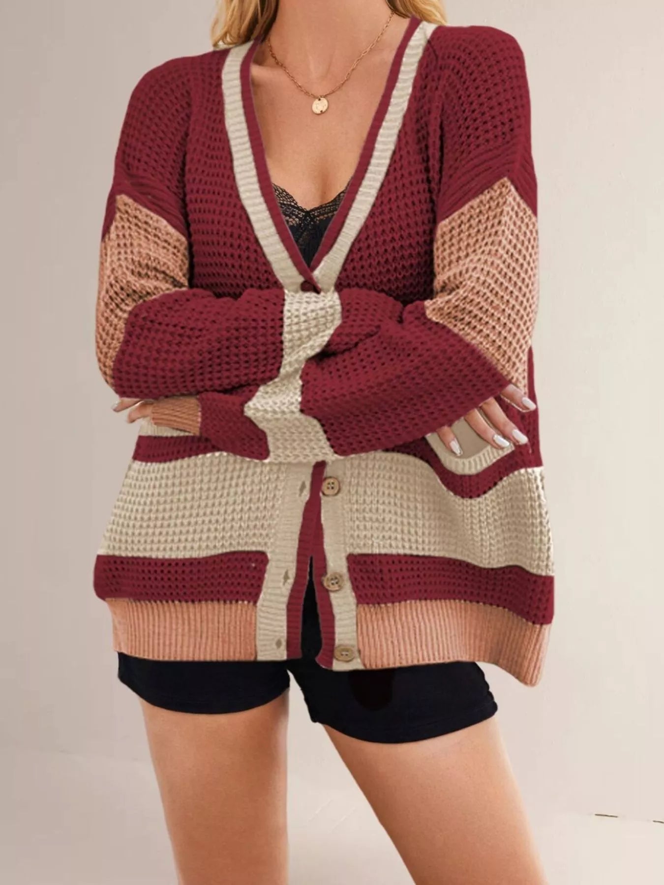 Trendsi Color Block V-Neck Cardigan -