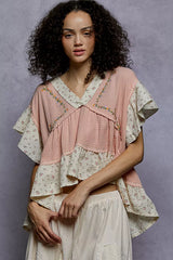 Trendsi POL Floral V-Neck Short Sleeve Ruffled Double Gauze Blouse with Embroidery Detail -