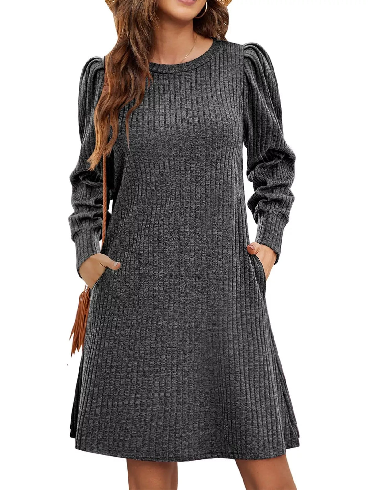 Ribbed puff-sleeve dress, gray front