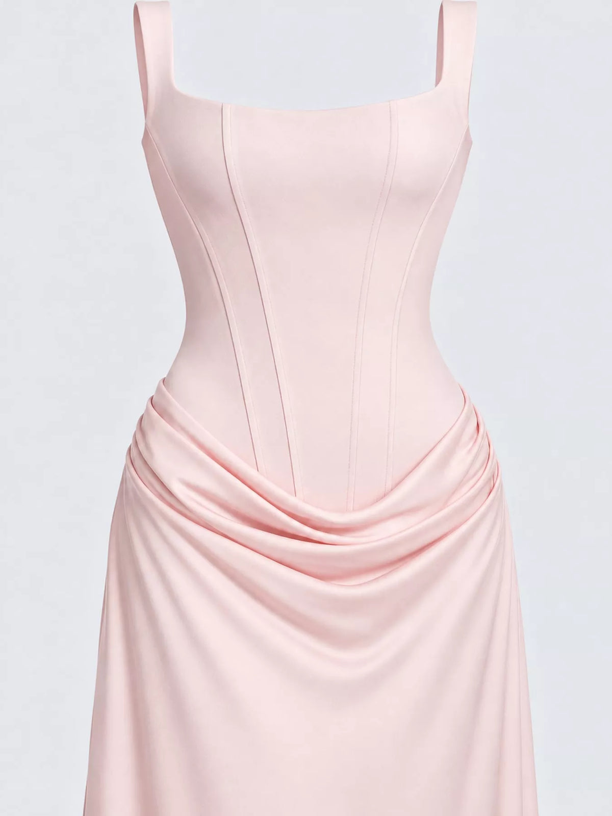 Square neck sleeveless maxi dress, construction and design details