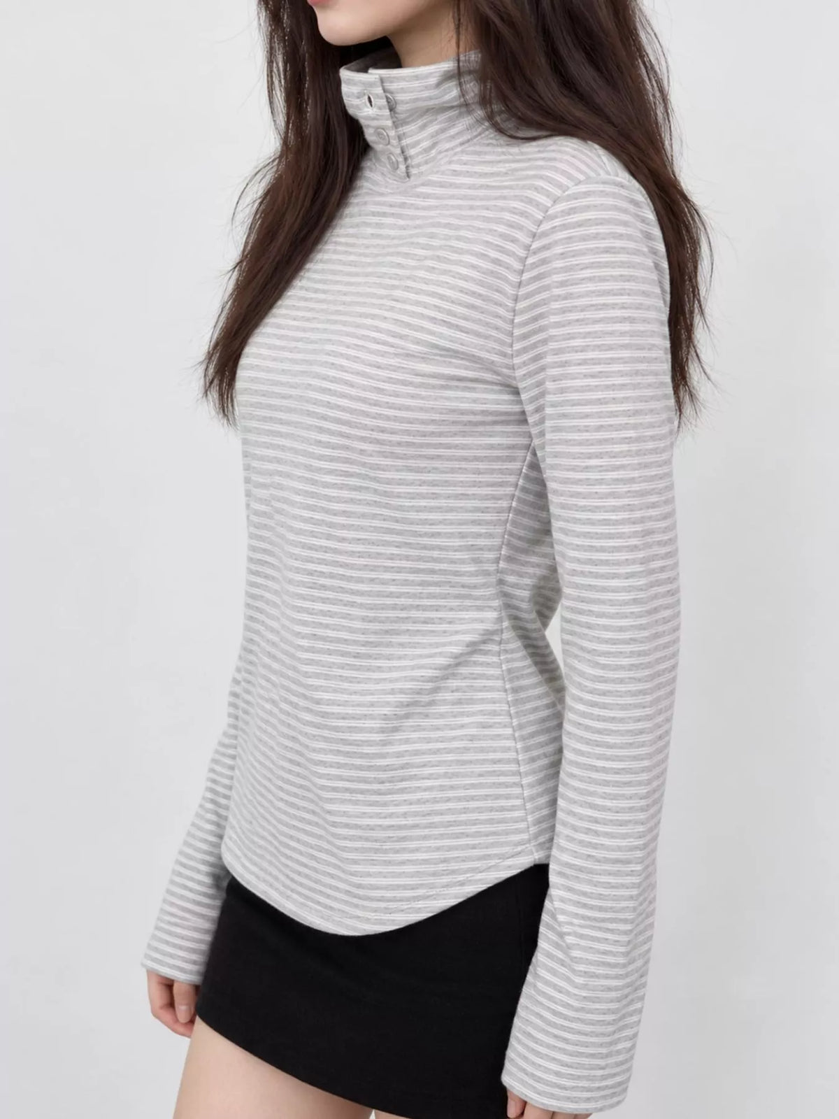 Light Gray striped mock neck button-detail long sleeve t-shirt, back view