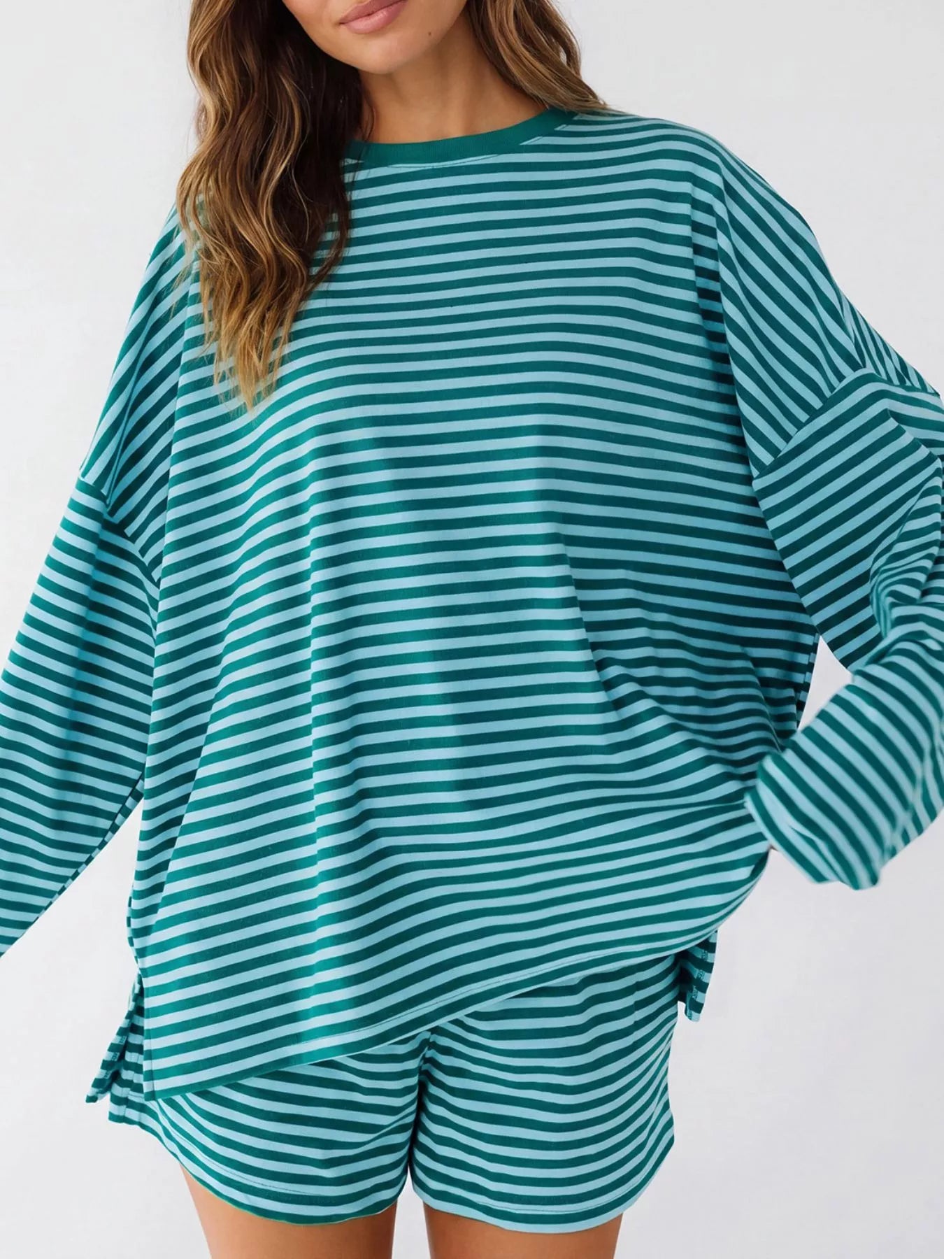 Trendsi Casual Striped Long Sleeve Top and Shorts Set -