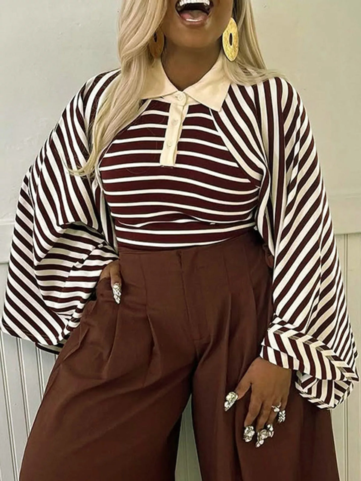 Collared long sleeve top, front view on model