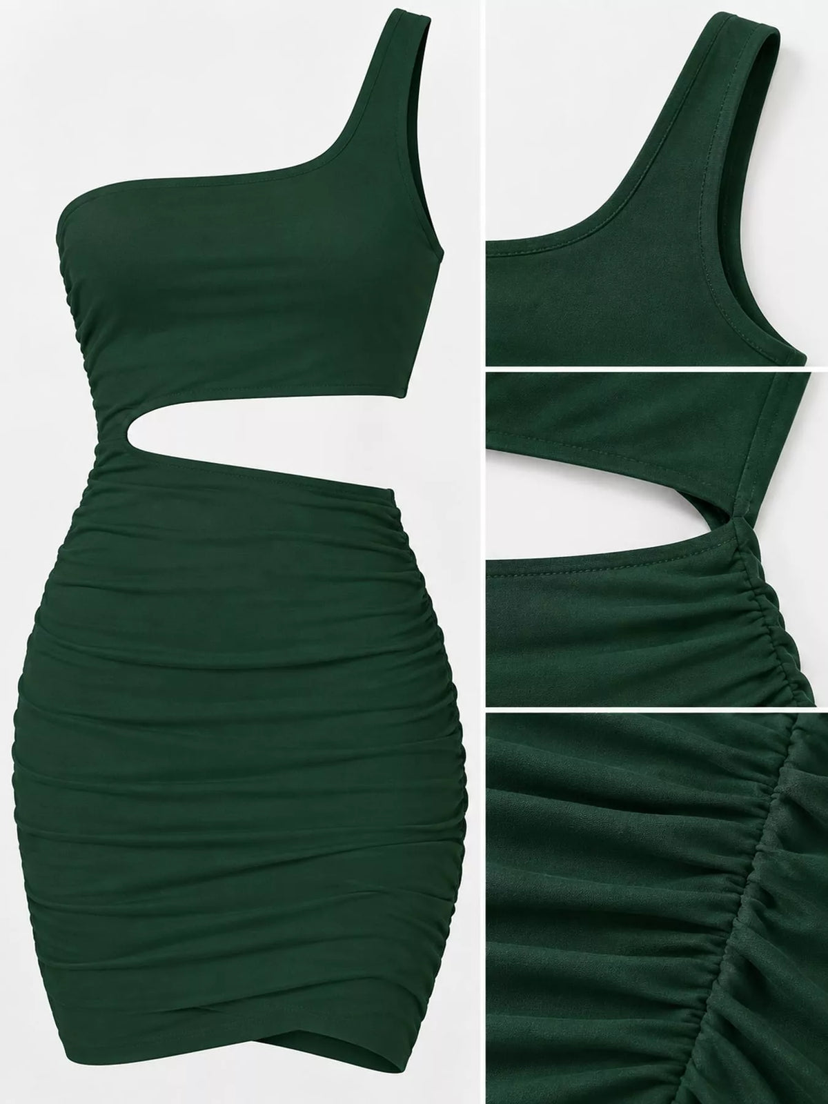 One-shoulder cutout dress, green detail collage