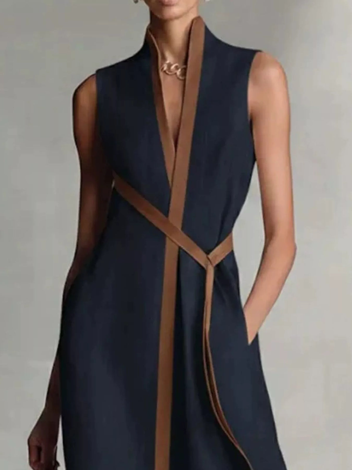 Navy sleeveless wrap maxi dress, contrast-trim bodice detail