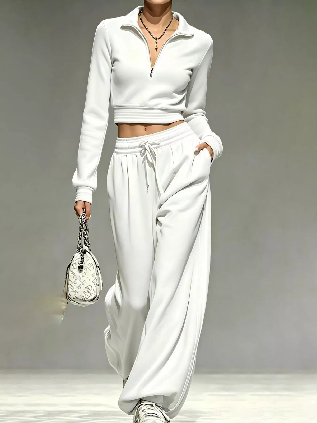White half-zip crop top and pants set, full front view
