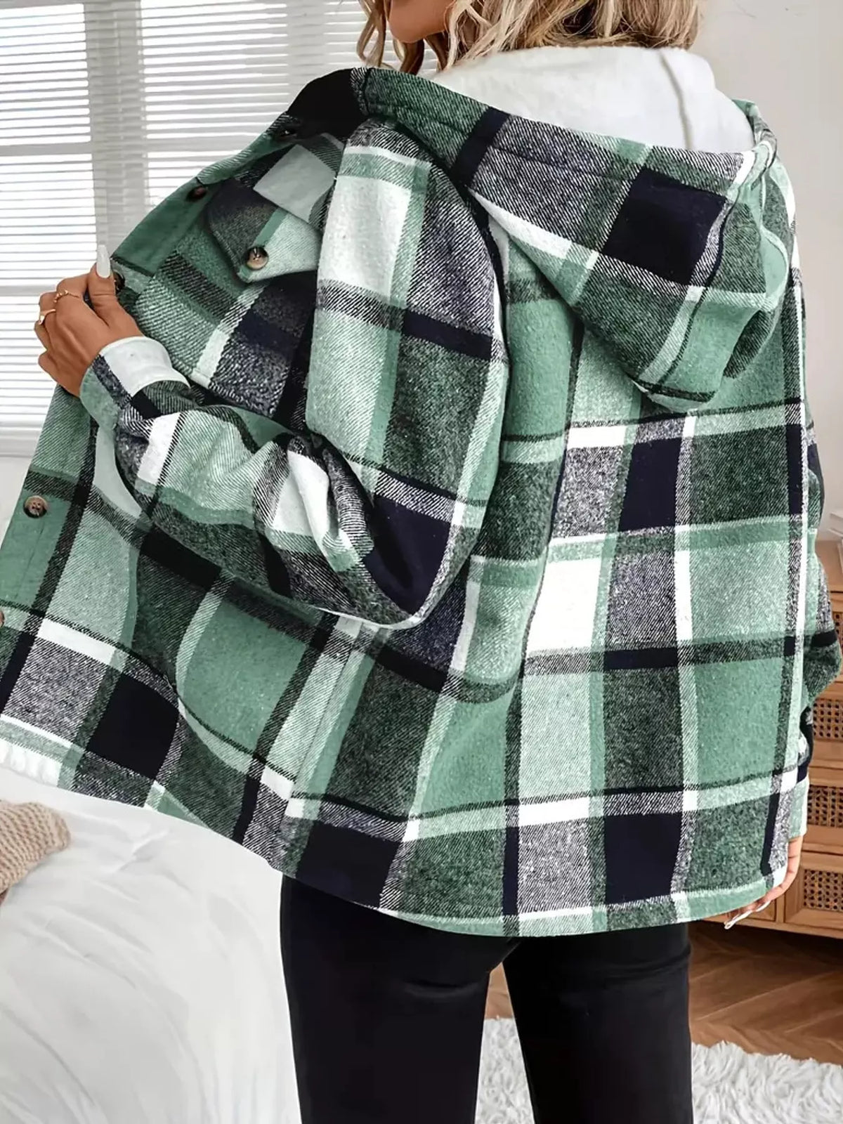 Green fleece-lined plaid button-up shacket, back view