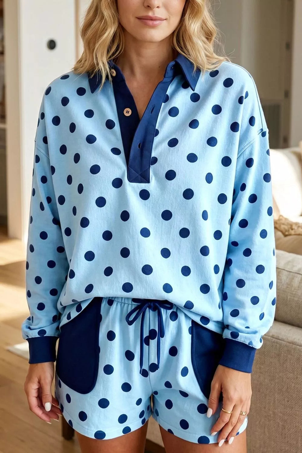 Polka-dot drop-shoulder polo and shorts set