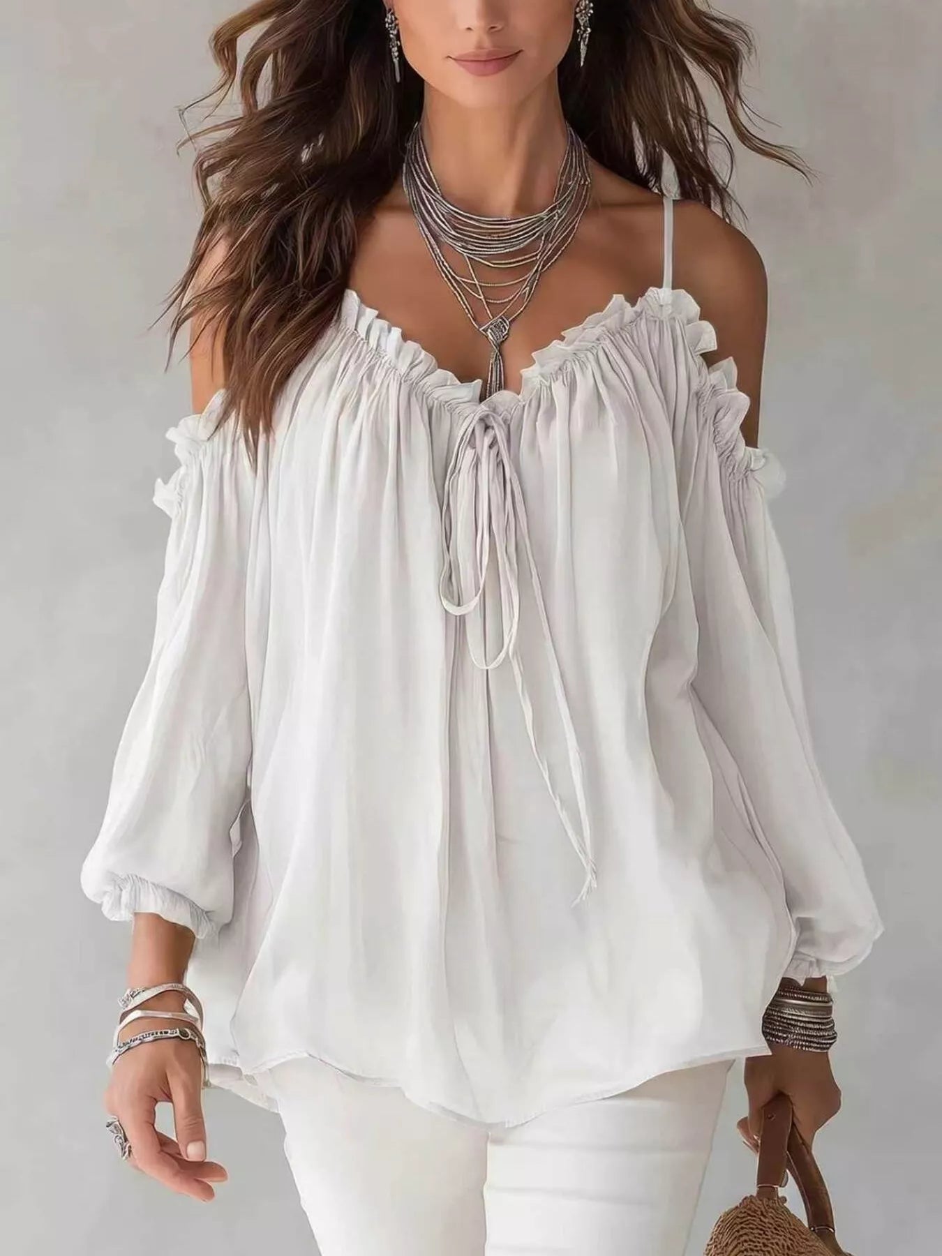 Trendsi Frill Spaghetti Strap Tie Front Blouse -