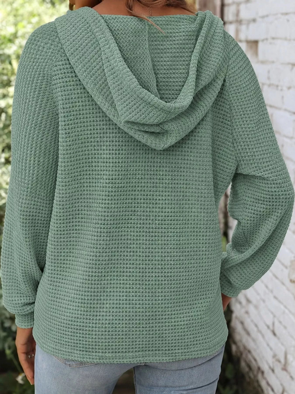 Sage waffle knit button-detail hoodie, back view