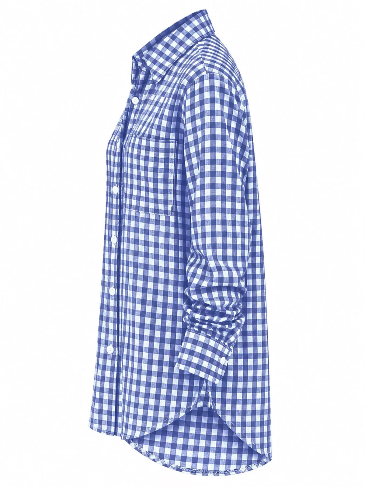 Navy and white plaid button-down shirt, side view