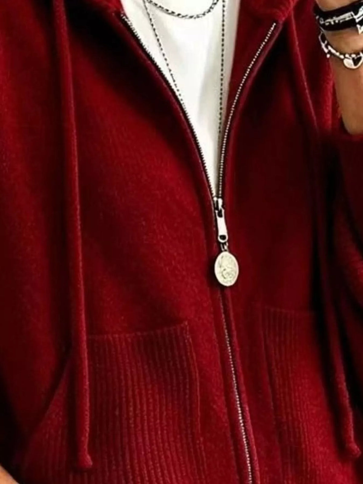 Burgundy hooded zip-up knit cardigan, detail view