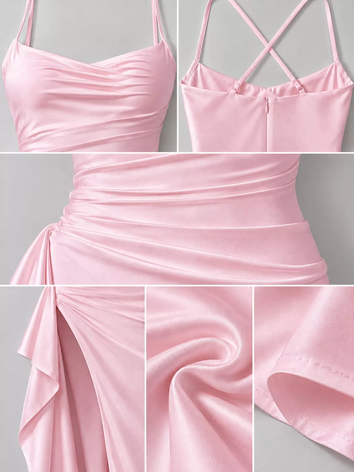 Pink satin ruched high slit maxi dress, detail view