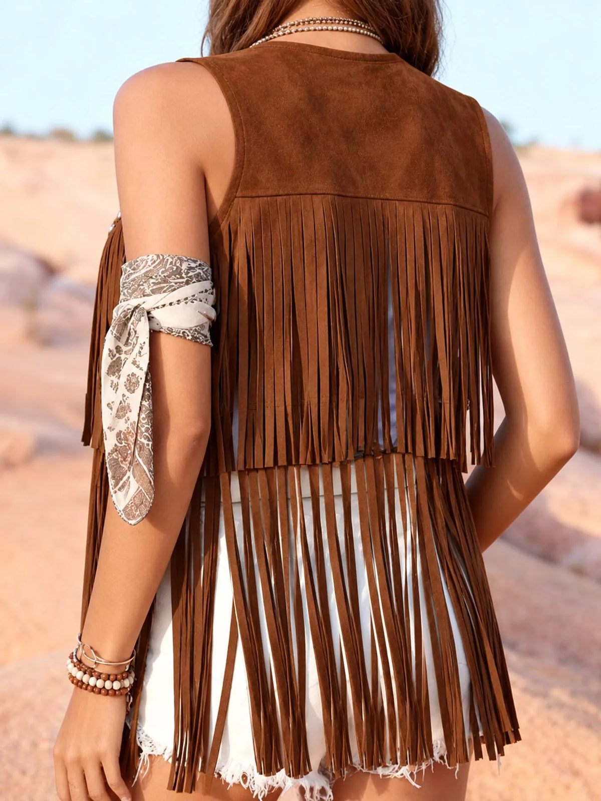 Fringed Suede Vest Coat, back view in brown