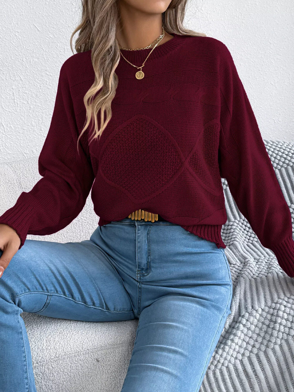 Wine Red cable knit crew neck sweater