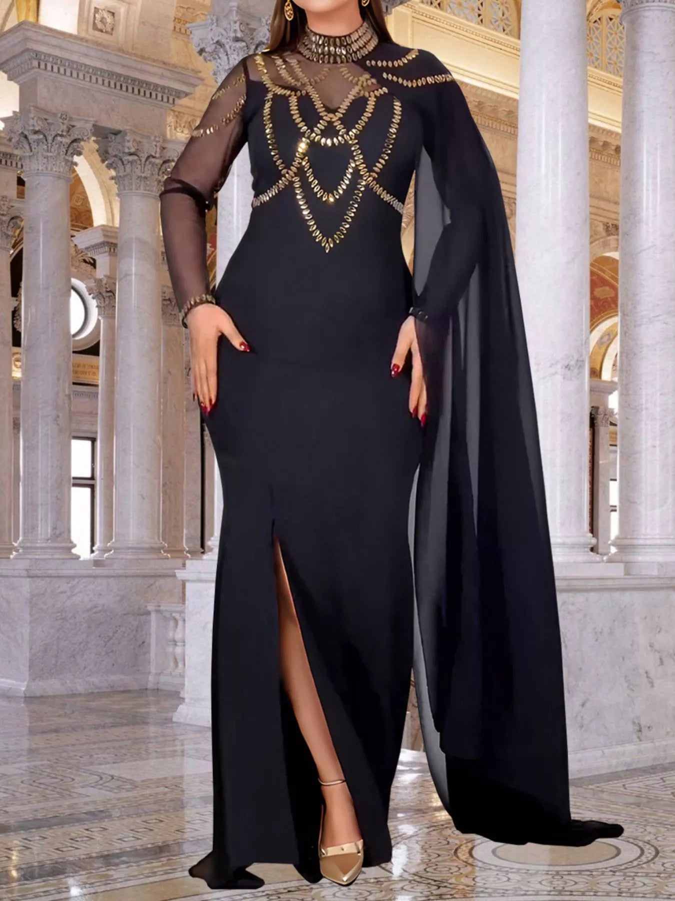 Trendsi Rhinestone Slit Maxi Dress with Sheer Cape Sleeves -