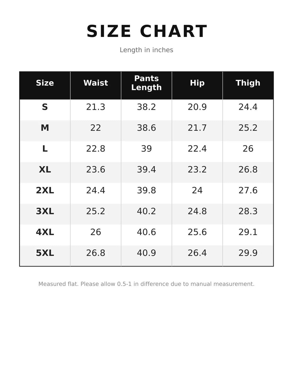 Size chart for drawstring cargo pants