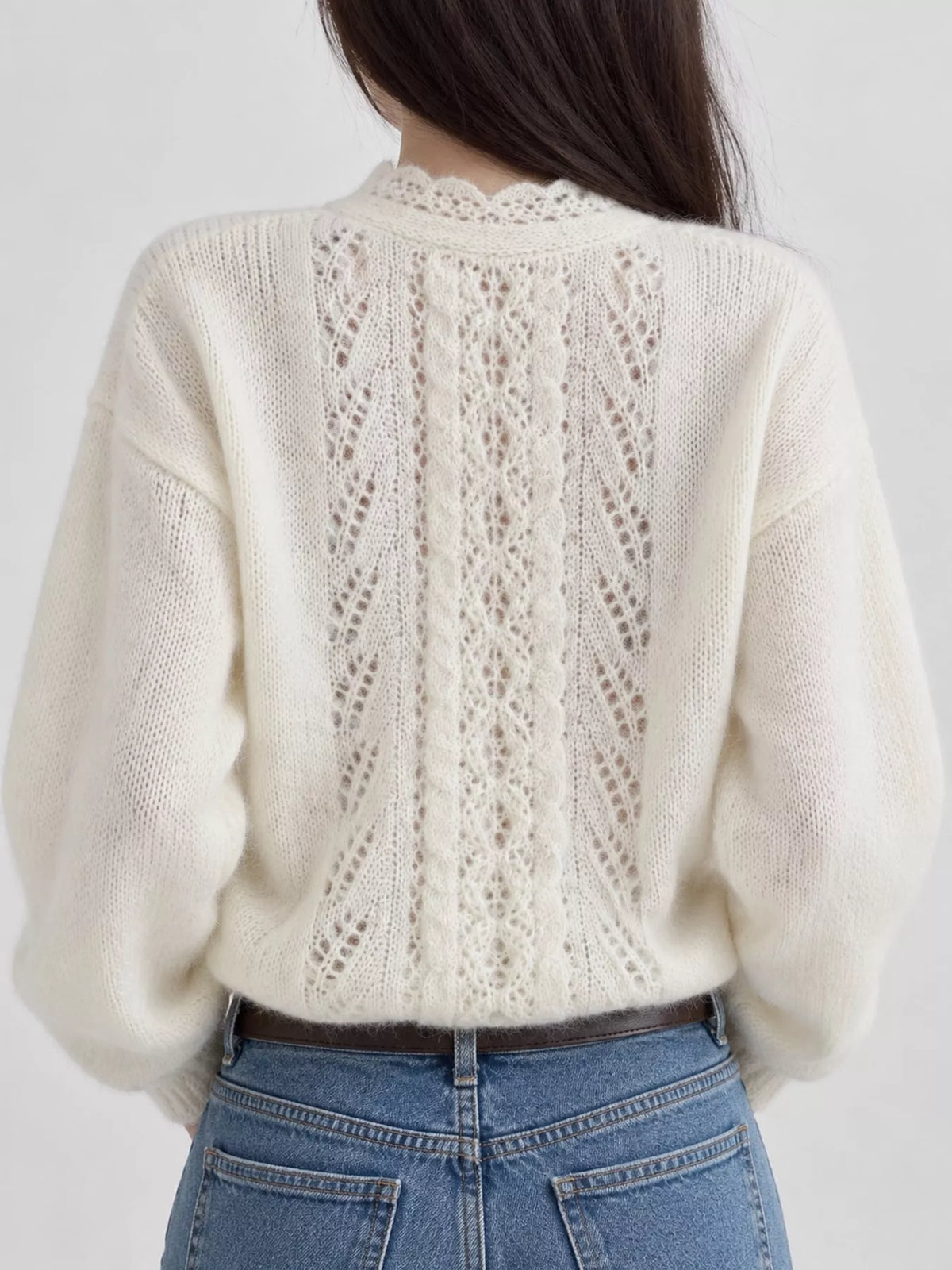 Off-white openwork dropped shoulder cardigan, back view
