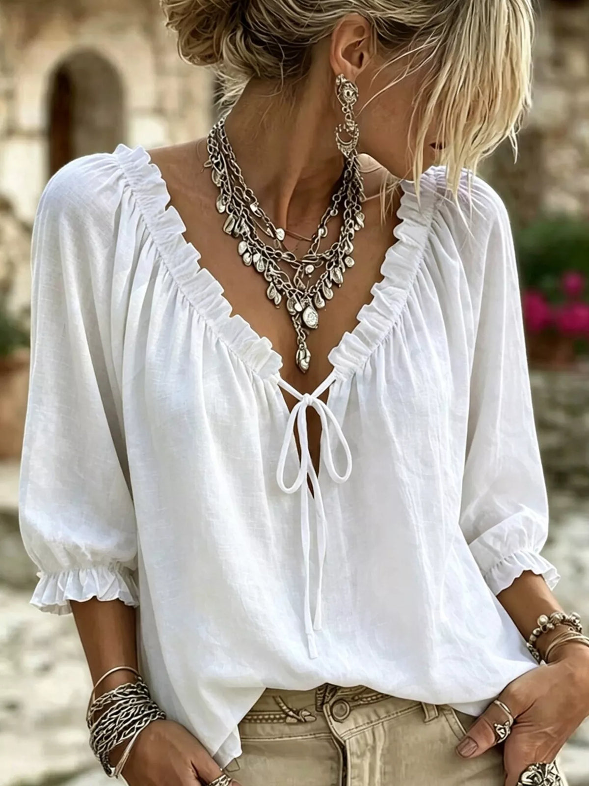 Trendsi Frill Tie Neck 3/4 Sleeve Blouse -