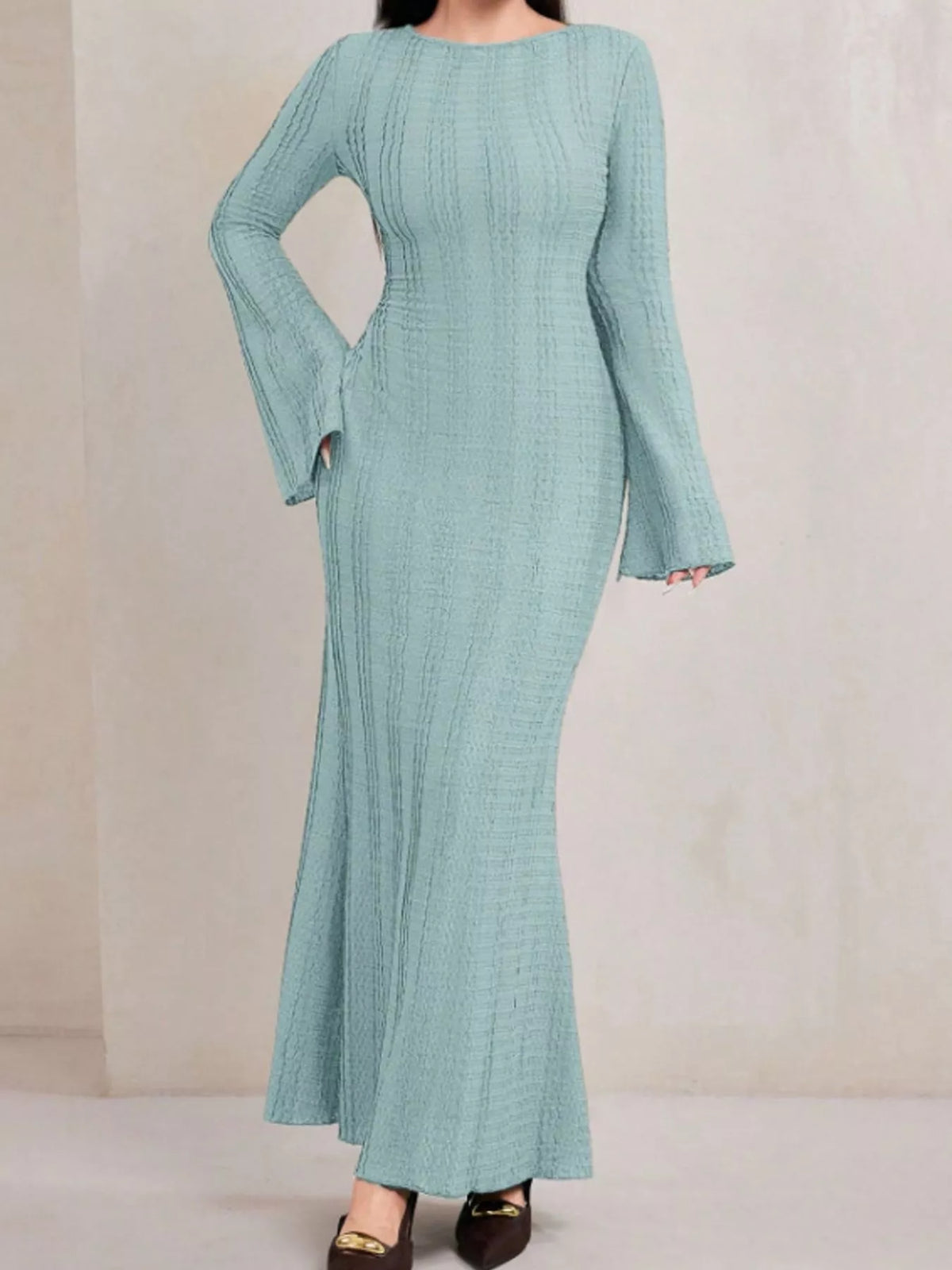 Textured Flare Sleeve Bodycon Maxi Dress in light blue