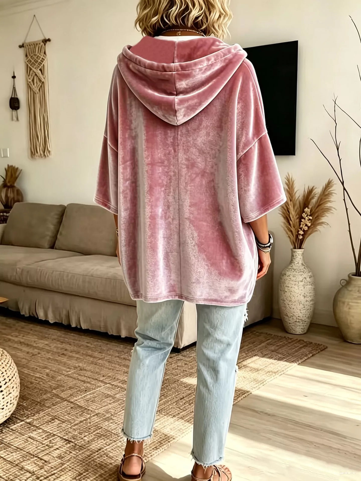 Trendsi Full Size Velvet Button Detail Drawstring Hoodie Plus Size -
