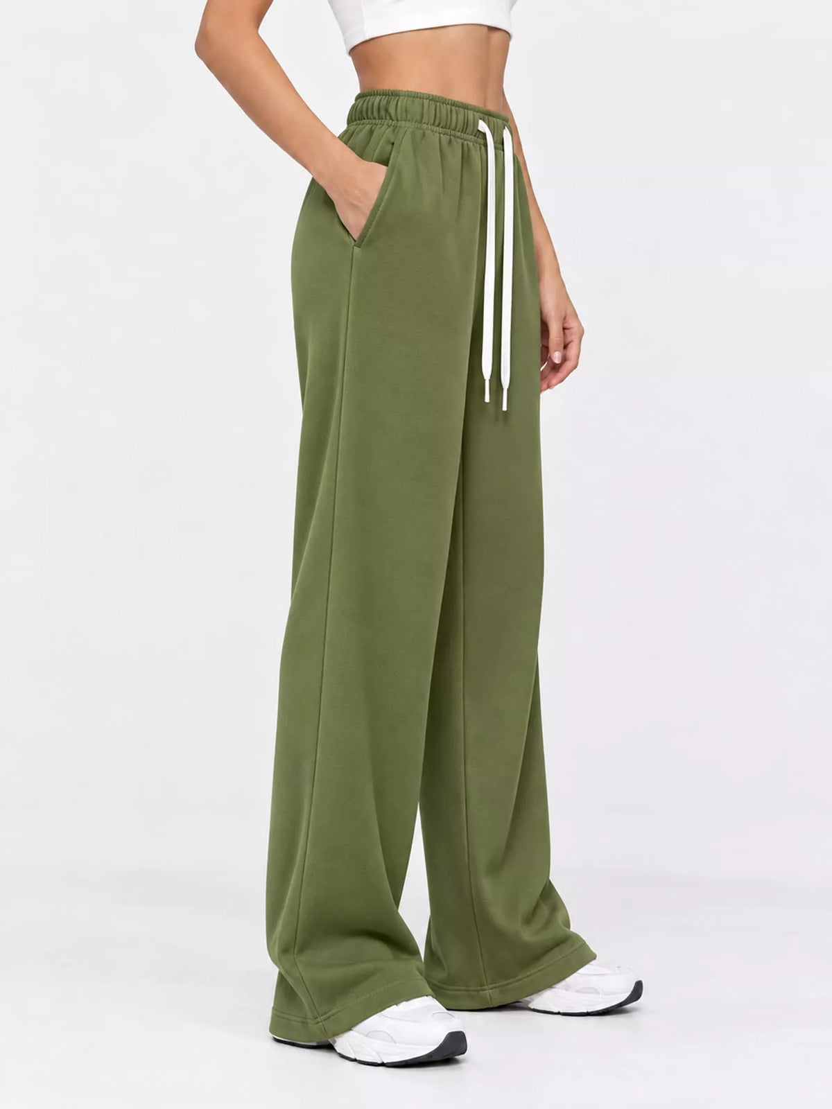 Olive wide-leg pants with drawstring