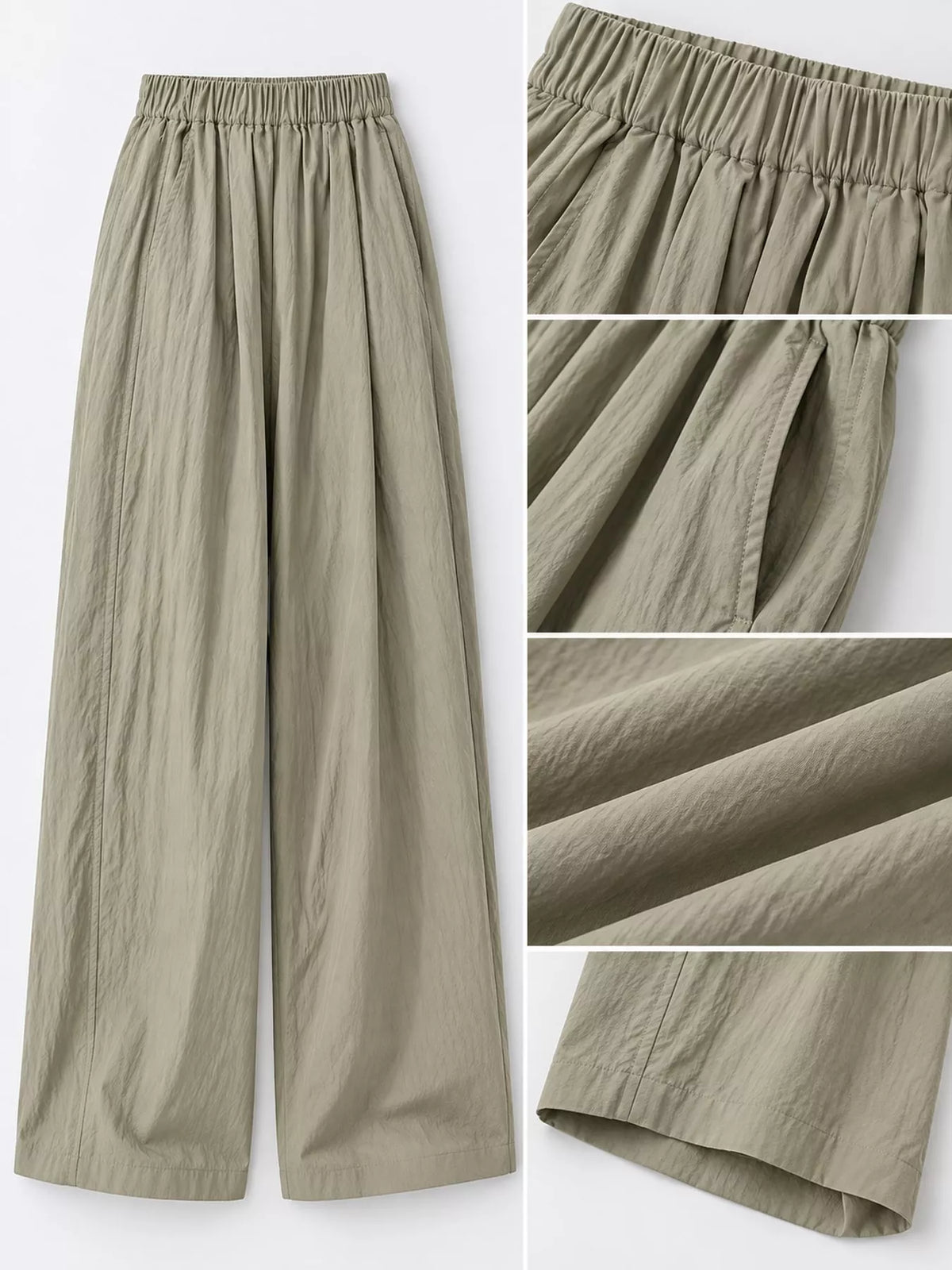 Women's High-Waisted Loose Fit Wide-Leg Casual Pants in taupe — detail collage view