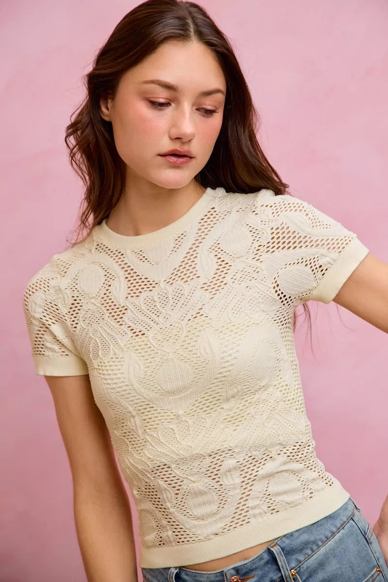 Women's Floral Perforated Short Sleeve Textured Knit Top — product view 7