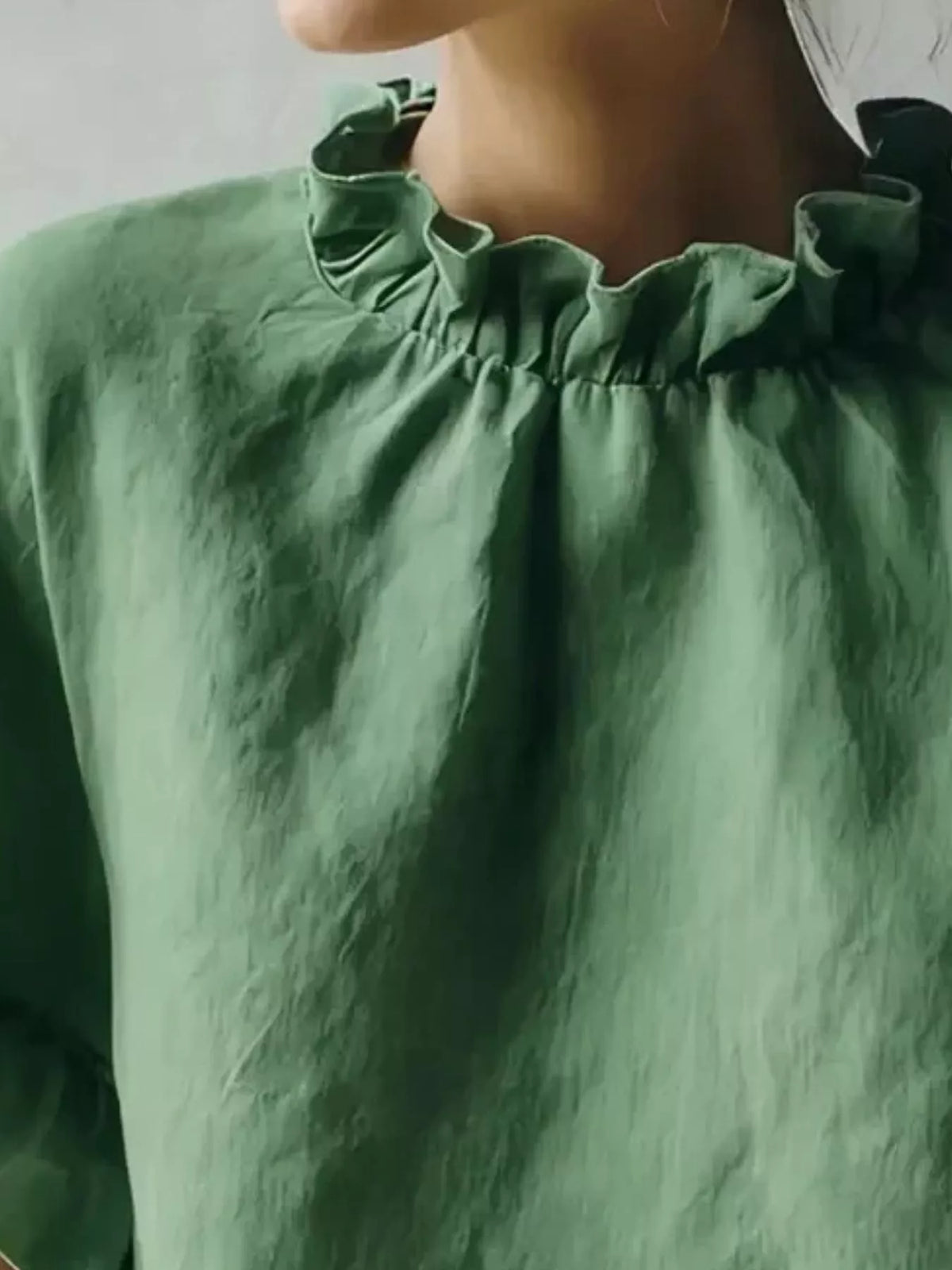 Emerald Green Ruffle-Neck Short Sleeve Blouse, neckline detail