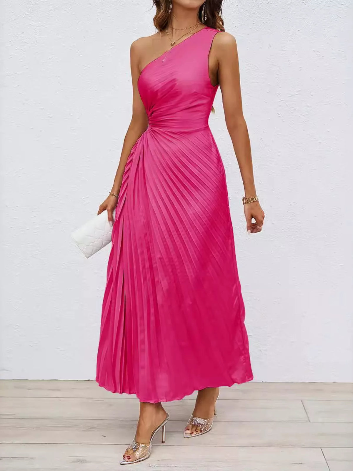 One-Shoulder Cutout Pleated Midi Dress, front view